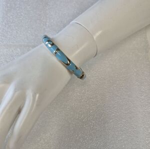 Blue Gold Hinged Bracelet Enamel Style Patterned Vintage Look